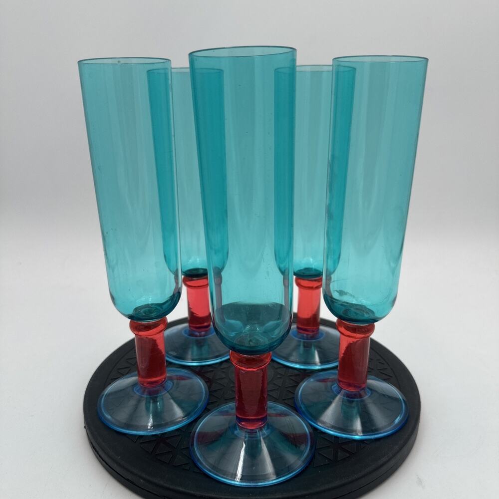 Vintage Blue Red Acrylic Flute Wine Glasses Vintage Postmodern Set Of 5